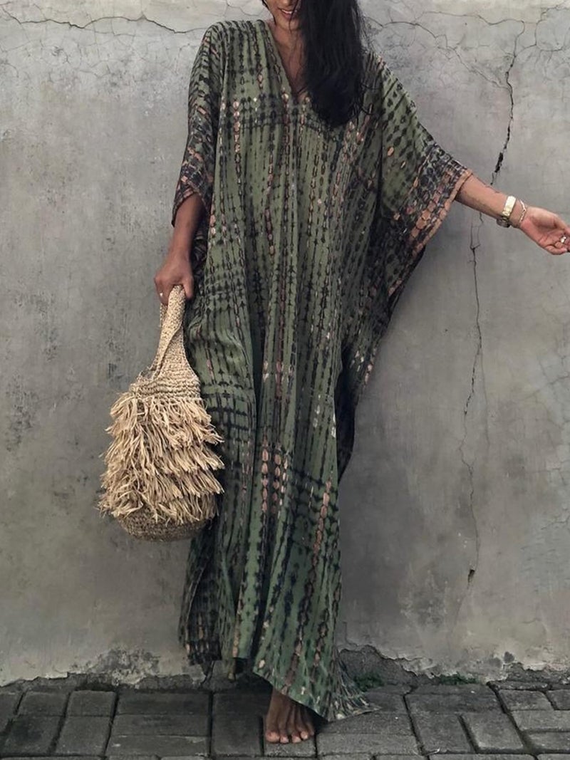 Moss Rose Women Summer Caftan Coverups Dress Kimono Beach Vacation Wear V Neck Print Maxi Boho Dress A Green - Image 5