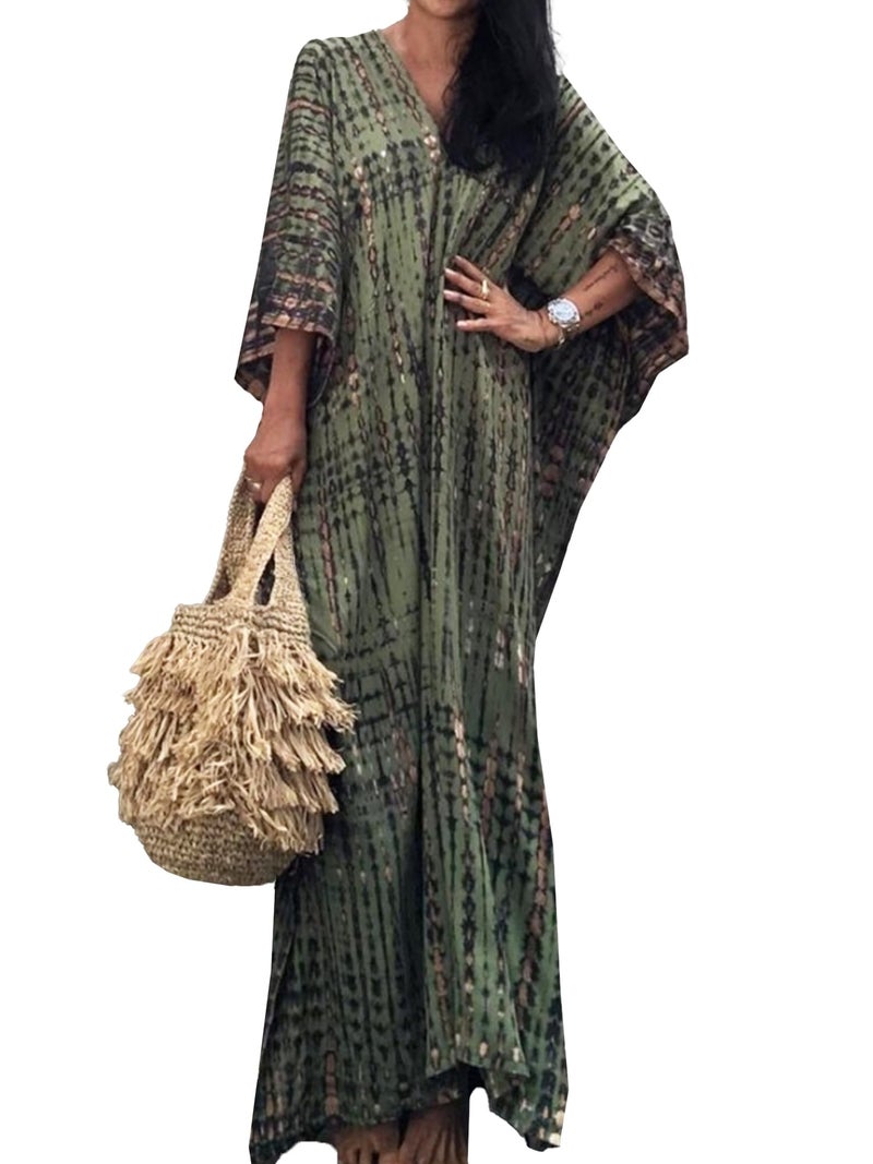 Moss Rose Women Summer Caftan Coverups Dress Kimono Beach Vacation Wear V Neck Print Maxi Boho Dress A Green - Image 1
