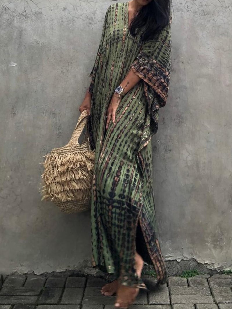 Moss Rose Women Summer Caftan Coverups Dress Kimono Beach Vacation Wear V Neck Print Maxi Boho Dress A Green - Image 3