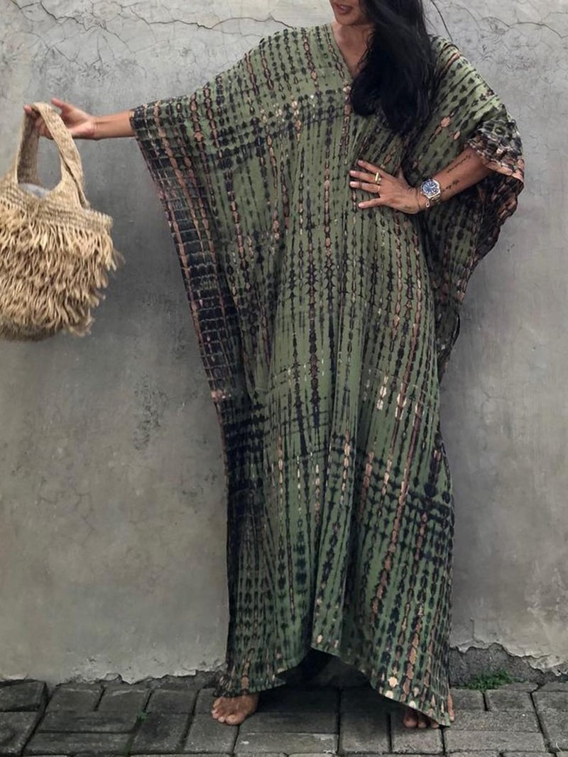 Moss Rose Women Summer Caftan Coverups Dress Kimono Beach Vacation Wear V Neck Print Maxi Boho Dress A Green - Image 4