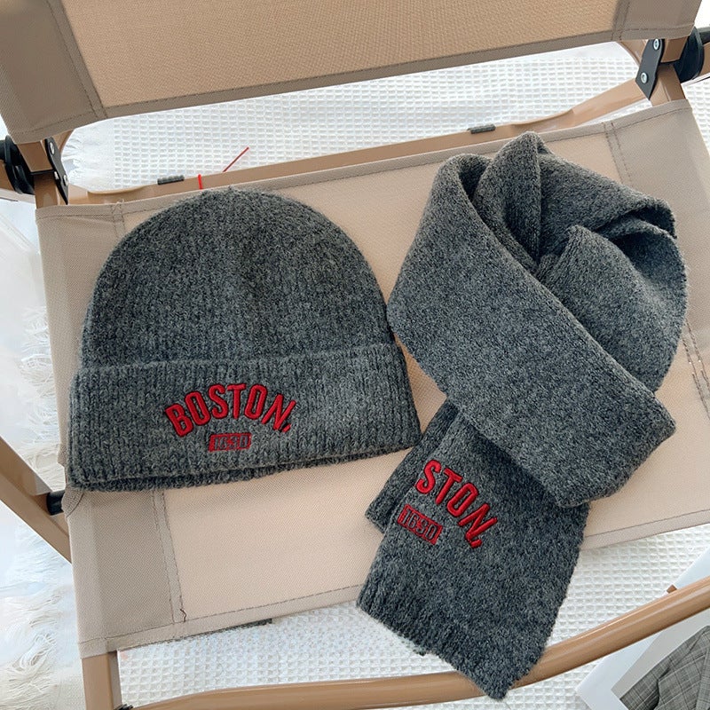 Kids Scarf and Hat Set Embroidered Letter Dark gray set