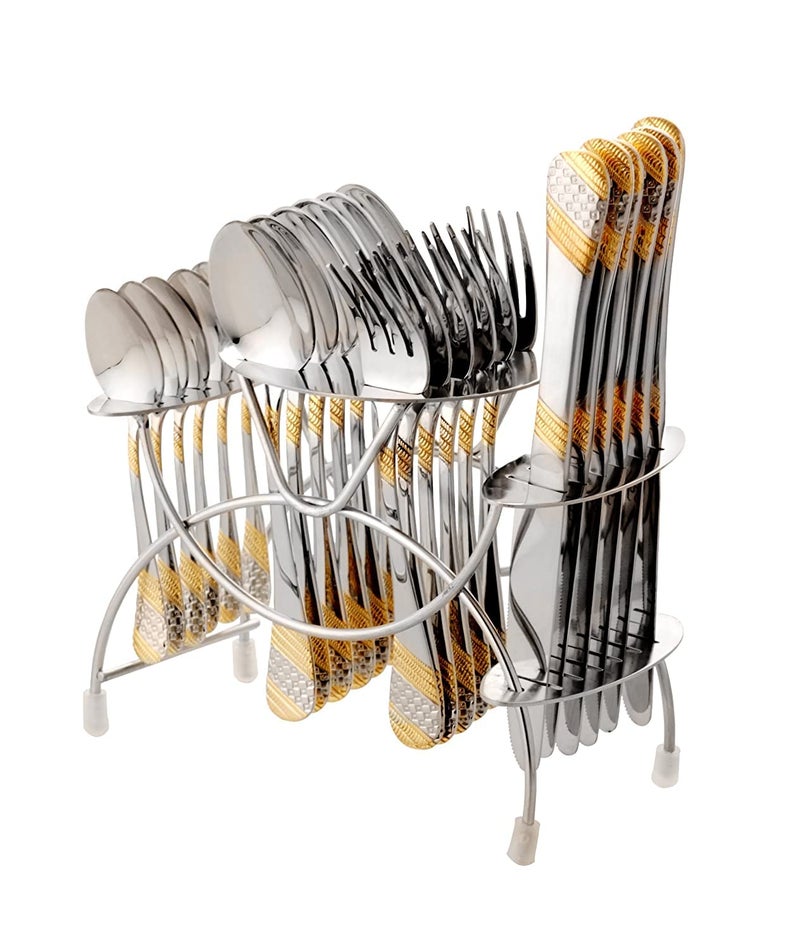 FnS Imperio 24 Karat Gold Plated 24-Piece Cutlery Set, Premium Stainless Steel (6 Dinner Spoons, 6 Dinner Forks, 6 Tea Spoons, 6 Dinner Knives with Hanging Stand) - Image 1