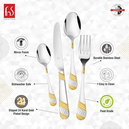 FnS Imperio 24 Karat Gold Plated 24-Piece Cutlery Set, Premium Stainless Steel (6 Dinner Spoons, 6 Dinner Forks, 6 Tea Spoons, 6 Dinner Knives with Hanging Stand) - Image 3