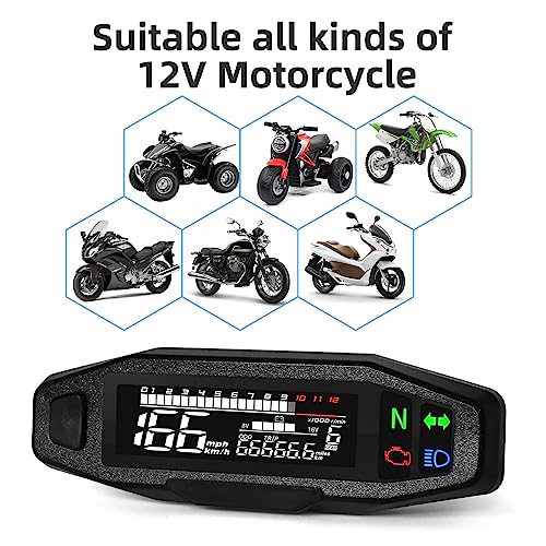 MAIMEIMI Motorcycle Speedometer MAIMEIMI 9-16V Universal Motorcycle Gauge Cluster with Digital Speedometer, Small Engine Tachometer, Odometer, 6 Gear 12000 RPM MPH Mini LCD VA Screen - Image 5