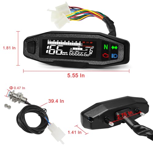 MAIMEIMI Motorcycle Speedometer MAIMEIMI 9-16V Universal Motorcycle Gauge Cluster with Digital Speedometer, Small Engine Tachometer, Odometer, 6 Gear 12000 RPM MPH Mini LCD VA Screen - Image 4