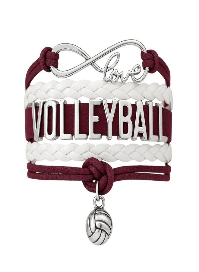 Infinity Collection Volleyball Bracelet - Ideal Volleyball Gifts. Adjustable Charm Bracelet with Moveable Letters, Infinity Symbol & Silver Volleyball Charm by SportyBella. (Maroon/White) - Image 1