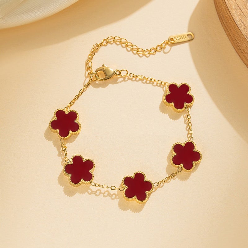 13mm Double-Sided Four-Leaf Clover and Five-Petal Flower Chain Bracelet – Gold Titanium Steel, Light Luxury Women's Jewelry
