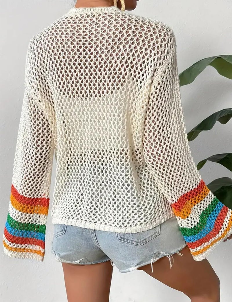 Gihuo Women Bohemian Floral Crochet Cardigan, Hollow Out Long Sleeve Open Front Sweater Cardigan, Multicolor Granny Square (Apricot-S) - Image 3