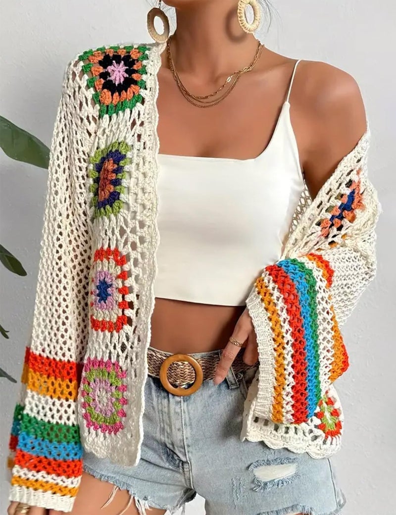 Gihuo Women Bohemian Floral Crochet Cardigan, Hollow Out Long Sleeve Open Front Sweater Cardigan, Multicolor Granny Square (Apricot-S) - Image 5