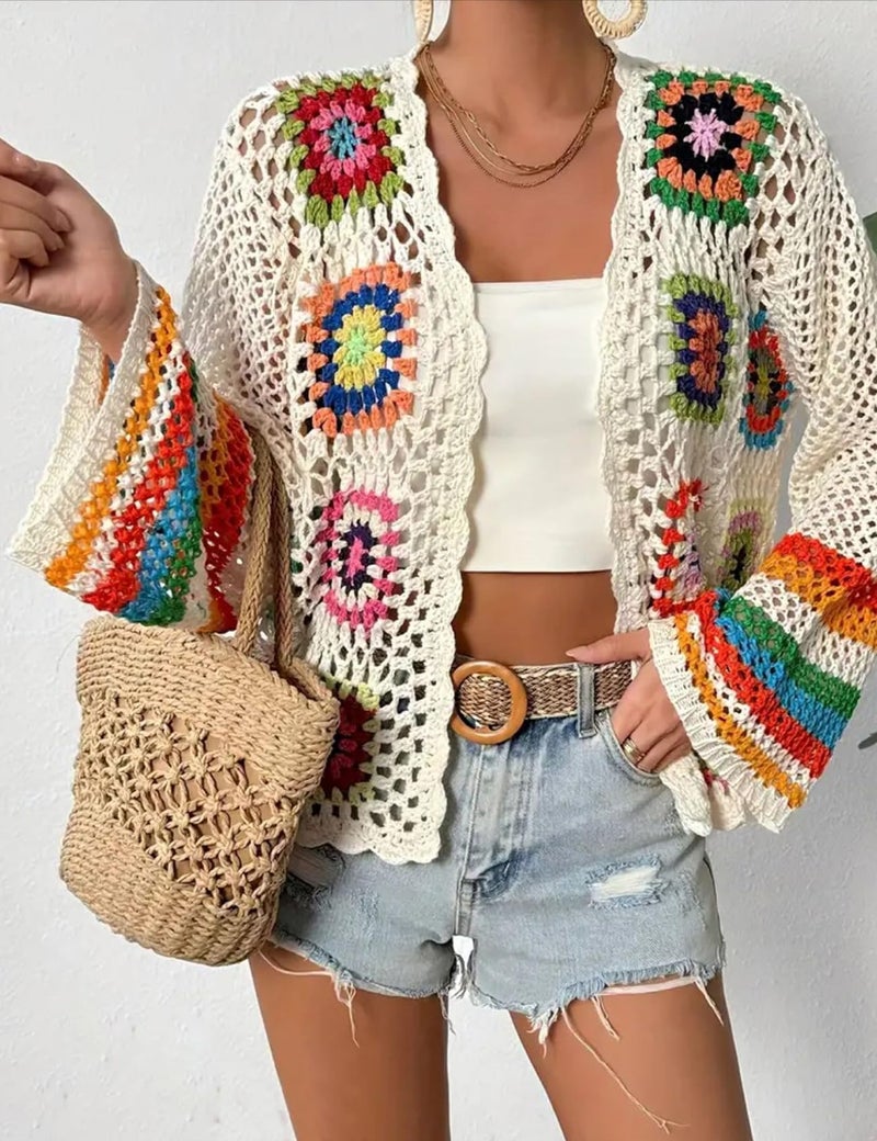 Gihuo Women Bohemian Floral Crochet Cardigan, Hollow Out Long Sleeve Open Front Sweater Cardigan, Multicolor Granny Square (Apricot-S) - Image 2