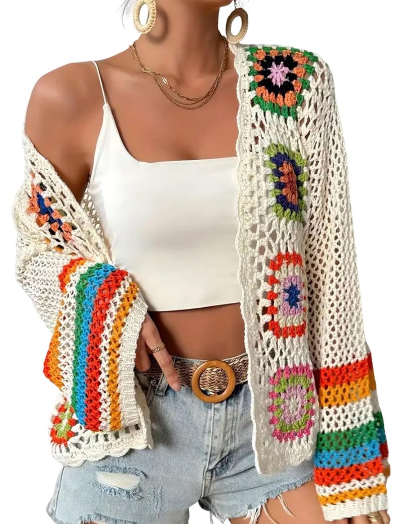 Gihuo Women Bohemian Floral Crochet Cardigan, Hollow Out Long Sleeve Open Front Sweater Cardigan, Multicolor Granny Square (Apricot-S) - Image 1