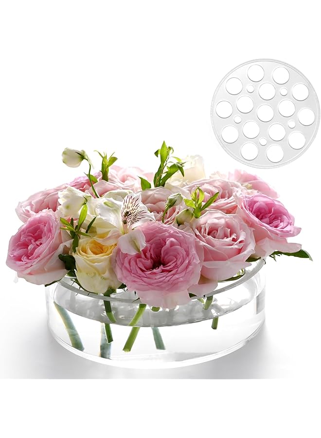 The Bros Clear Circular Leak-Proof Clear Acrylic Low Vase, Modern Round Acrylic Vase for Centerpieces, 16+5 Holes Acrylic Flower Vase, Suitable for Gifting Valentine's Day, Weddings, Birthdays - Image 1