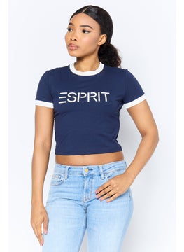 ESPRIT Women Crew Neck Short Sleeve Brand Logo T-Shirt, Navy  - Image 1