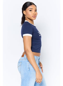 ESPRIT Women Crew Neck Short Sleeve Brand Logo T-Shirt, Navy  - Image 4