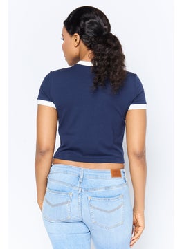 ESPRIT Women Crew Neck Short Sleeve Brand Logo T-Shirt, Navy  - Image 2