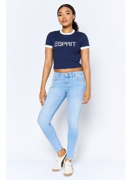 ESPRIT Women Crew Neck Short Sleeve Brand Logo T-Shirt, Navy  - Image 3