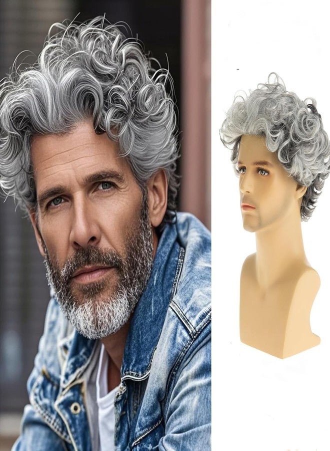 Beweig Short Culry Grey Wig for Men Short Wavy Cosplay Layered Wigs, Grey mixed White - Image 1