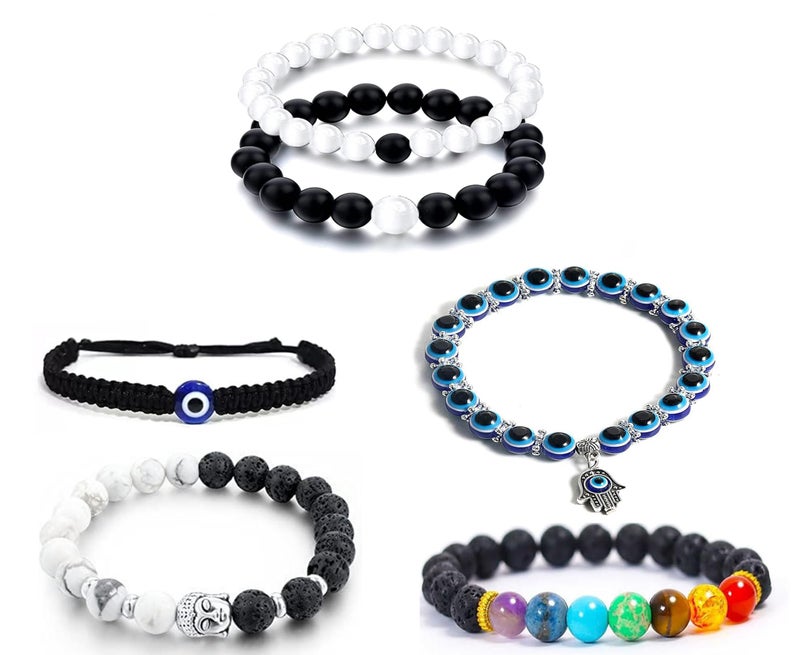 Okos Fashion Jewellery Combo Pack of 5 Multi Style of Black and White Beads, Evil Eye, Navgragtah Style Unisex Adjustable Bracelets For Women and Men CO1000453COM - Image 1