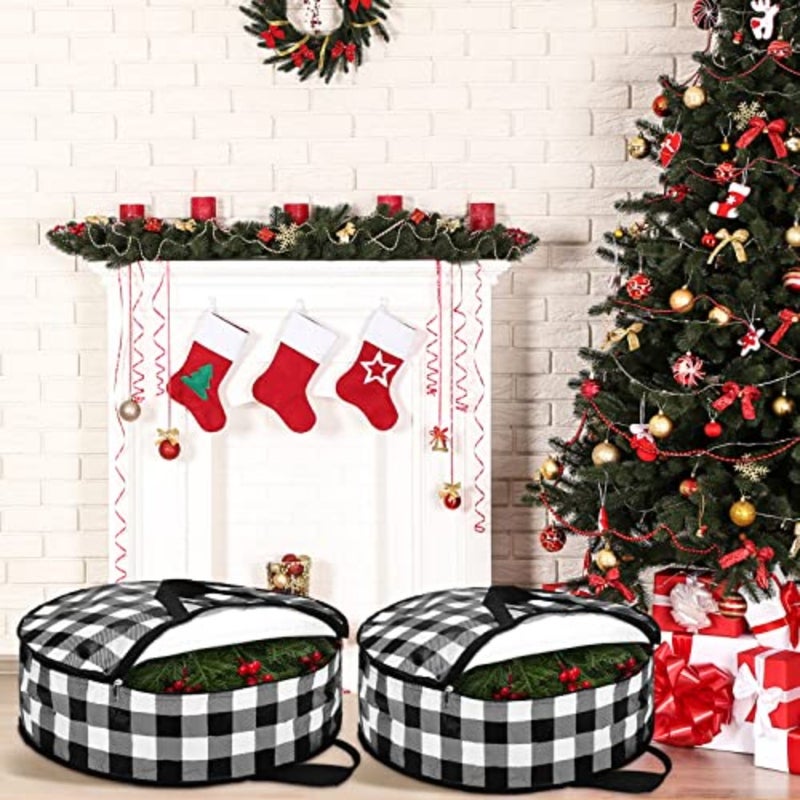 4 Pcs Christmas Wreath Storage Bag 30 Large Buffalo Plaid Garl Wreaths Container with Hles Xmas storage containers for Storing Garl Wreath Wrapping - Image 3