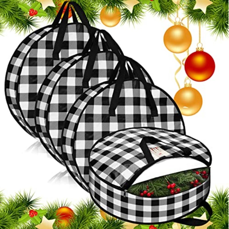 4 Pcs Christmas Wreath Storage Bag 30 Large Buffalo Plaid Garl Wreaths Container with Hles Xmas storage containers for Storing Garl Wreath Wrapping - Image 1