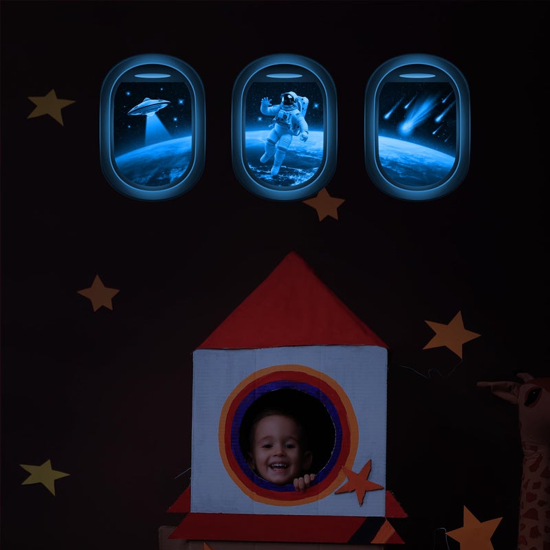 Robmoda Glow in The Dark 3D Space Wall Decals, Set of 3 Galaxy Window Stickers for Wall, Space Themed Room Decor for Kids Boys (Blue) - Image 2