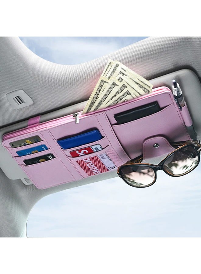 SADYFON Pink Car Sun Visor Organizer, Sunglasses Holders for Car Sun Visor PU Auto Interior Accessories Storage Travel Document Holder with Multi Pocket - Image 1