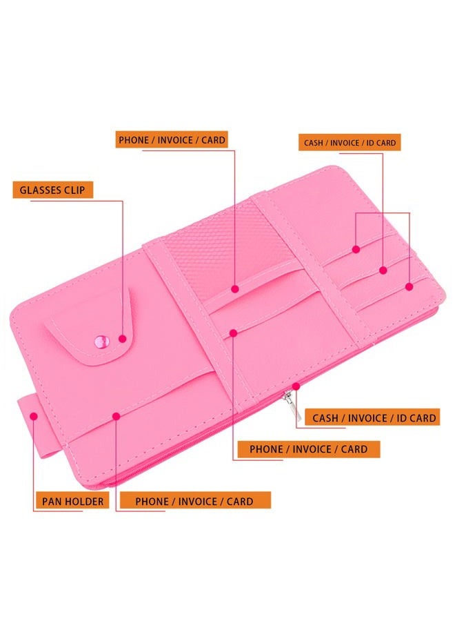 SADYFON Pink Car Sun Visor Organizer, Sunglasses Holders for Car Sun Visor PU Auto Interior Accessories Storage Travel Document Holder with Multi Pocket - Image 3