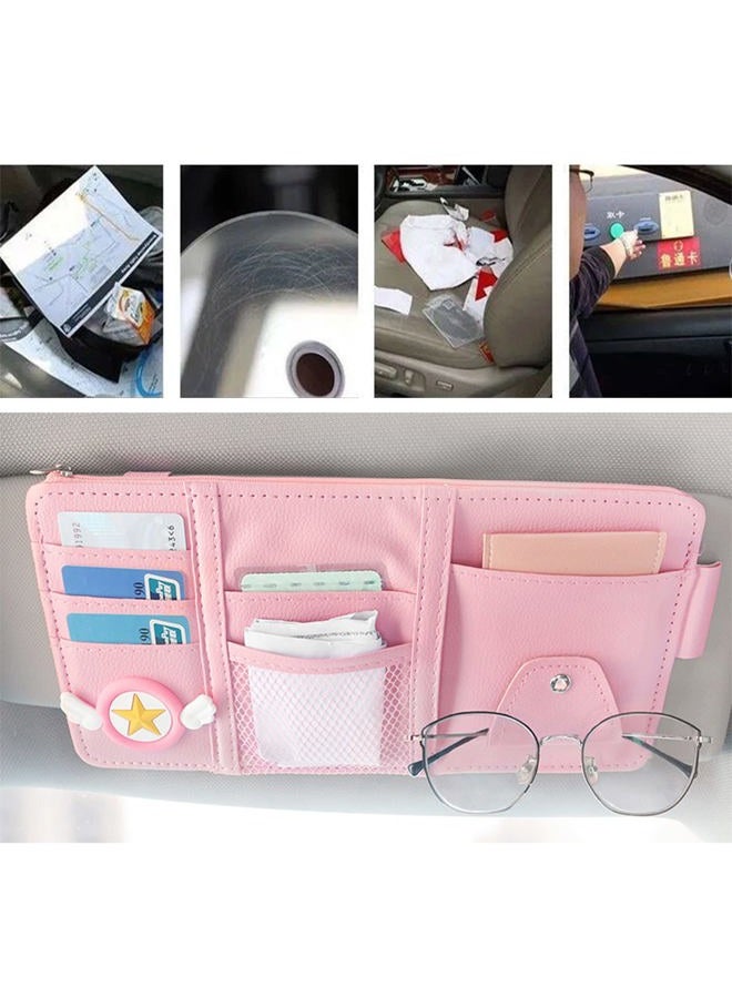 SADYFON Pink Car Sun Visor Organizer, Sunglasses Holders for Car Sun Visor PU Auto Interior Accessories Storage Travel Document Holder with Multi Pocket - Image 2