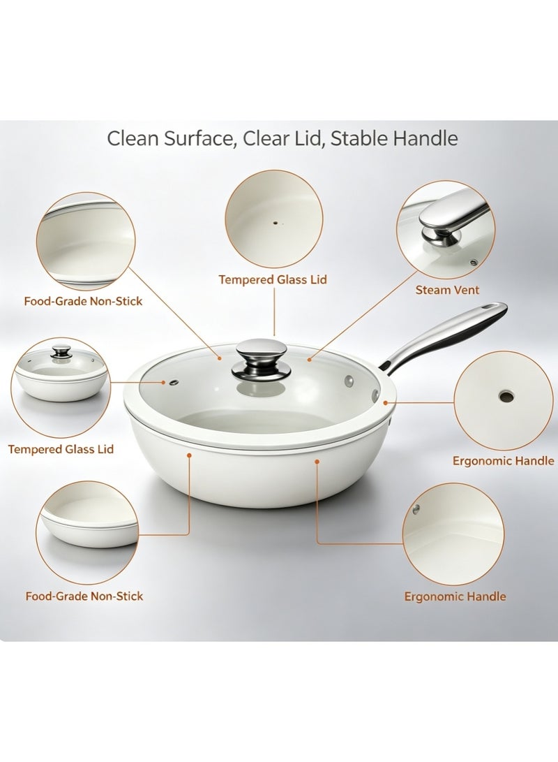 White Non-Stick Deep Saute Pan with Tempered Glass Lid, Ergonomic Stainless Steel Handle, Multi-Purpose Cooking Skillet, Compatible with Induction & Gas Stoves - Image 2