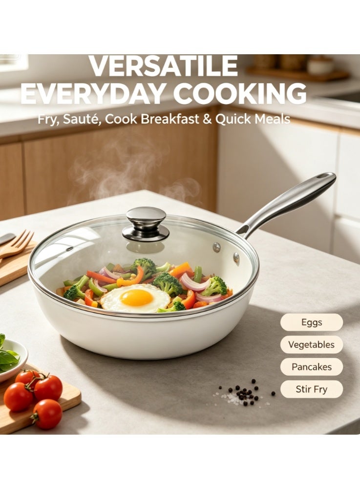White Non-Stick Deep Saute Pan with Tempered Glass Lid, Ergonomic Stainless Steel Handle, Multi-Purpose Cooking Skillet, Compatible with Induction & Gas Stoves - Image 3