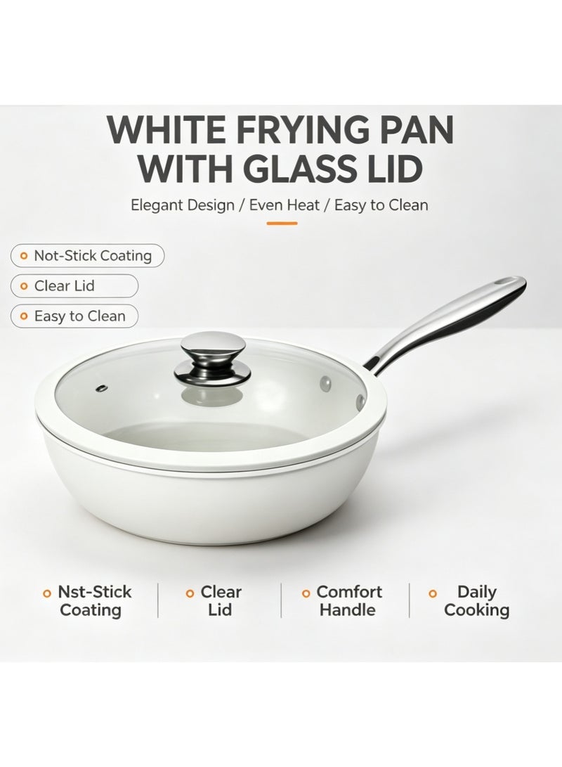 White Non-Stick Deep Saute Pan with Tempered Glass Lid, Ergonomic Stainless Steel Handle, Multi-Purpose Cooking Skillet, Compatible with Induction & Gas Stoves - Image 1