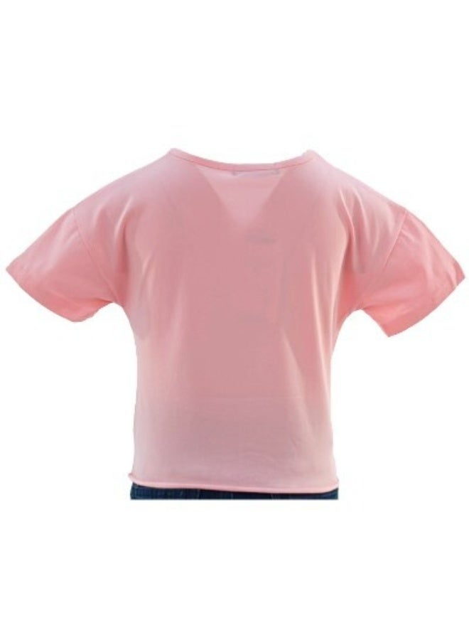 JOANNA JOANNA 23KY370B Girl's Front Tie With Butterfly Design Round Neck Short Sleeve T-Shirt - Pink - Image 3