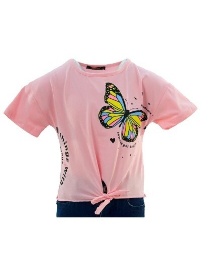 JOANNA JOANNA 23KY370B Girl's Front Tie With Butterfly Design Round Neck Short Sleeve T-Shirt - Pink - Image 1
