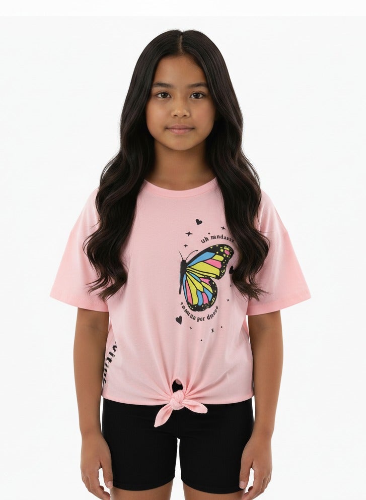 جوانا تي شيرت فتيات بربطة أمامية برقبة دائرية وأكمام قصيرة بتصميم فراشة - وردي - Image 1