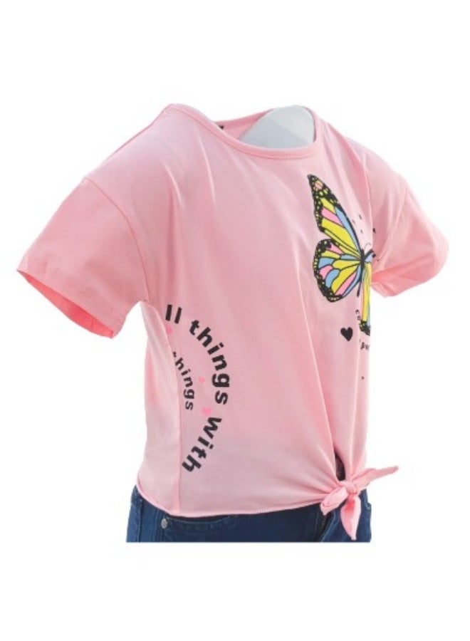 جوانا تي شيرت فتيات بربطة أمامية برقبة دائرية وأكمام قصيرة بتصميم فراشة - وردي - Image 5