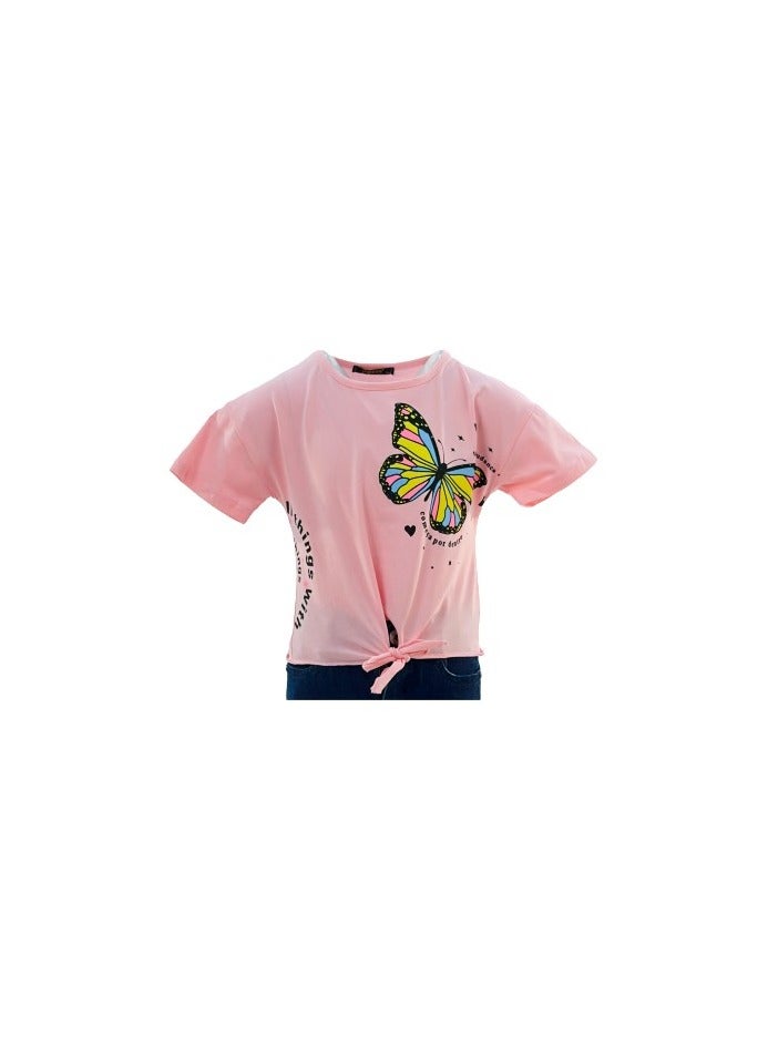 جوانا تي شيرت فتيات بربطة أمامية برقبة دائرية وأكمام قصيرة بتصميم فراشة - وردي - Image 4