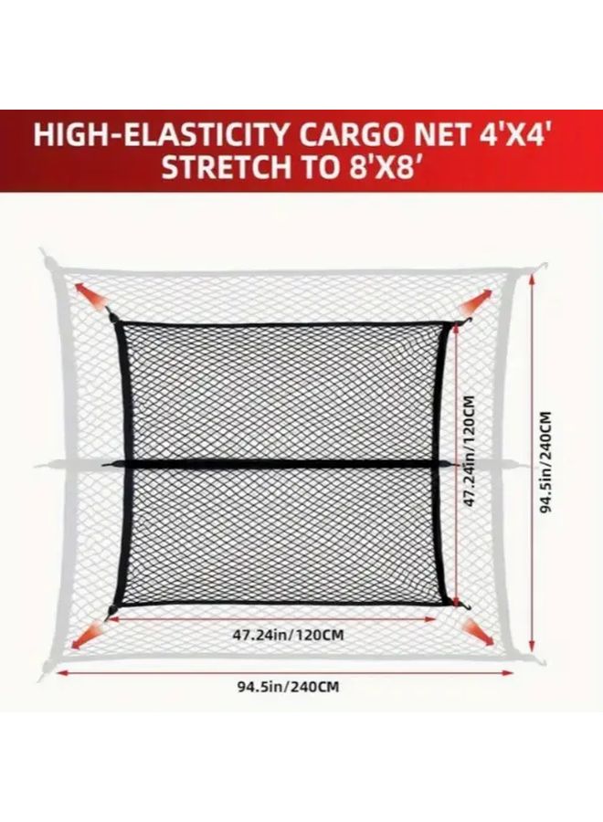 High Elasticity Truck Cargo Net 4x4 Ft Stretchable to 8x8 Ft With 6 Hooks And Carabiners - Image 3