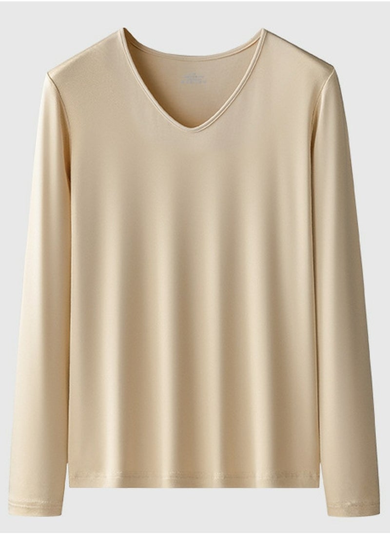 Loquat - Womens Solid Color V-Neck Thin Thermal Underwear Shirt Cold Weather Base Layer,Long Sleeve T-Shirt Loungewear Beige - Image 1