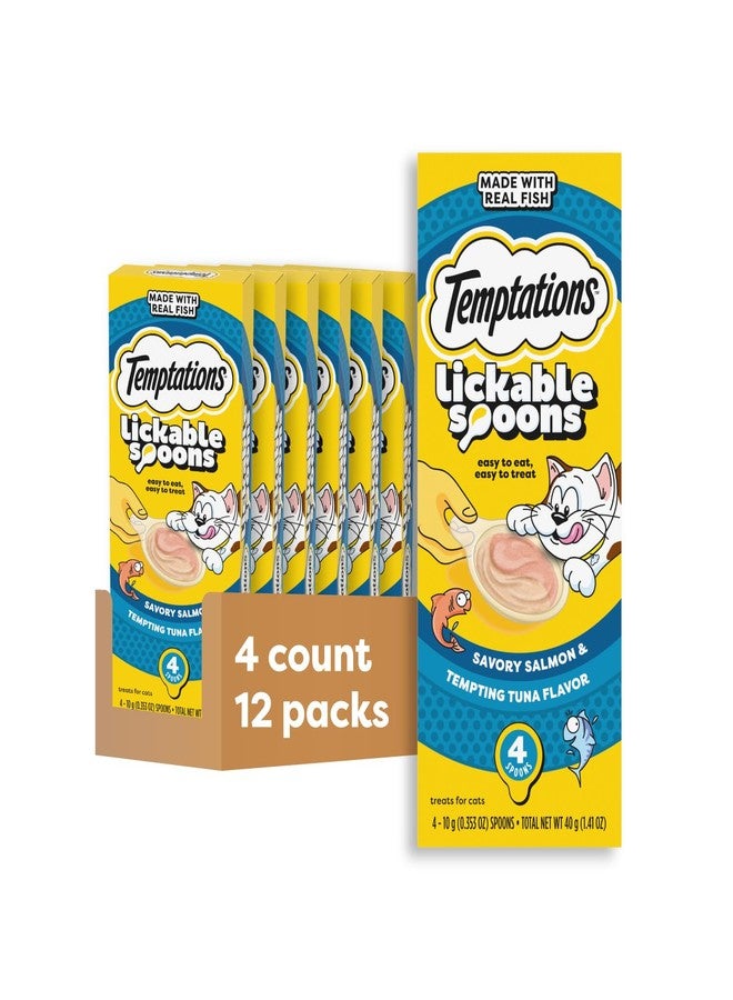 Temptations Lickable Spoons Adult Wet Cat Treat, Savory Salmon and Tempting Tuna Flavor, 4 Spoons, Pack of 12 (48 Total Treats) - Image 1