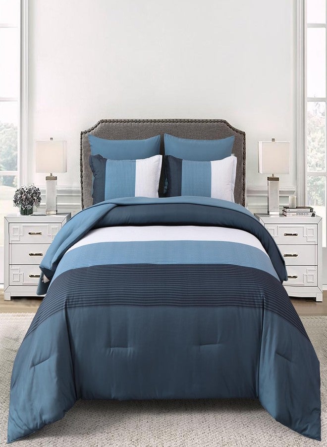Anibedding Navy Blue Queen Bed in a Bag Comforter Set 7 Pieces Navy Striped Patchwork Bedding Set for Queen Bed, Soft Microfiber Reversible Down Alternative Complete Comforter with Sheet Set - Image 1