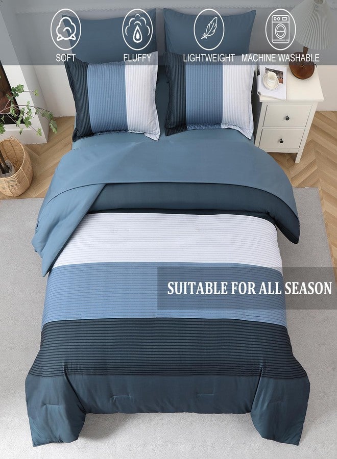 Anibedding Navy Blue Queen Bed in a Bag Comforter Set 7 Pieces Navy Striped Patchwork Bedding Set for Queen Bed, Soft Microfiber Reversible Down Alternative Complete Comforter with Sheet Set - Image 3