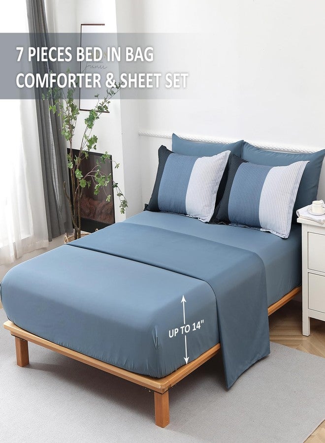 Anibedding Navy Blue Queen Bed in a Bag Comforter Set 7 Pieces Navy Striped Patchwork Bedding Set for Queen Bed, Soft Microfiber Reversible Down Alternative Complete Comforter with Sheet Set - Image 4