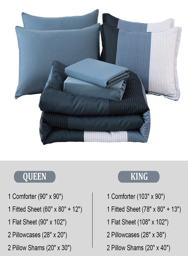 Anibedding Navy Blue Queen Bed in a Bag Comforter Set 7 Pieces Navy Striped Patchwork Bedding Set for Queen Bed, Soft Microfiber Reversible Down Alternative Complete Comforter with Sheet Set - Image 5