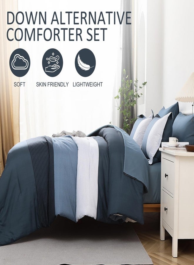 Anibedding Navy Blue Queen Bed in a Bag Comforter Set 7 Pieces Navy Striped Patchwork Bedding Set for Queen Bed, Soft Microfiber Reversible Down Alternative Complete Comforter with Sheet Set - Image 2