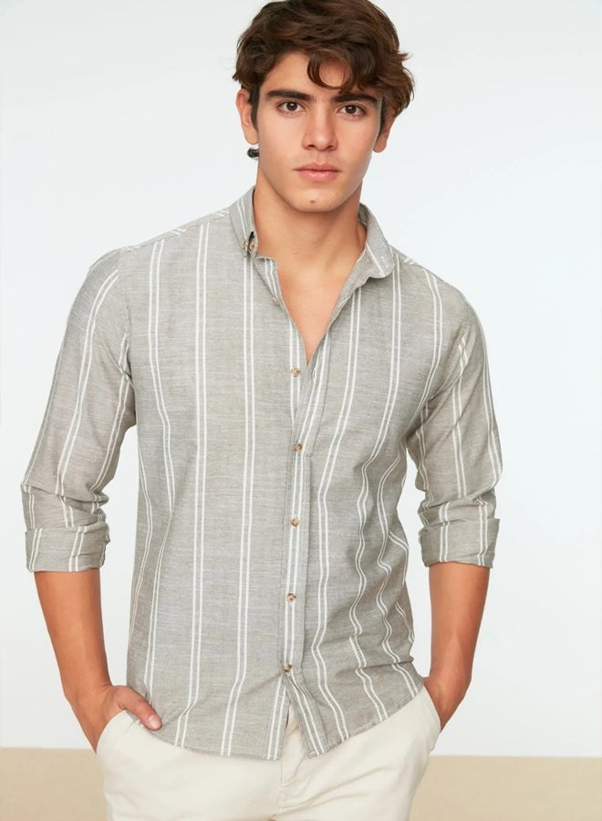 trendyol Khaki Slim Fit Button Collar Slim Striped Shirt - Image 1