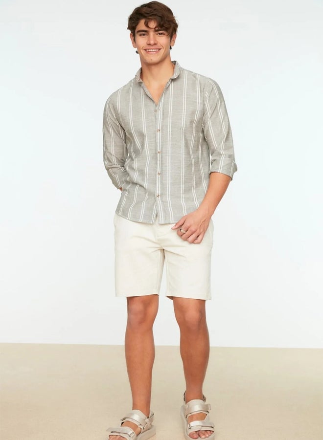 trendyol Khaki Slim Fit Button Collar Slim Striped Shirt - Image 4