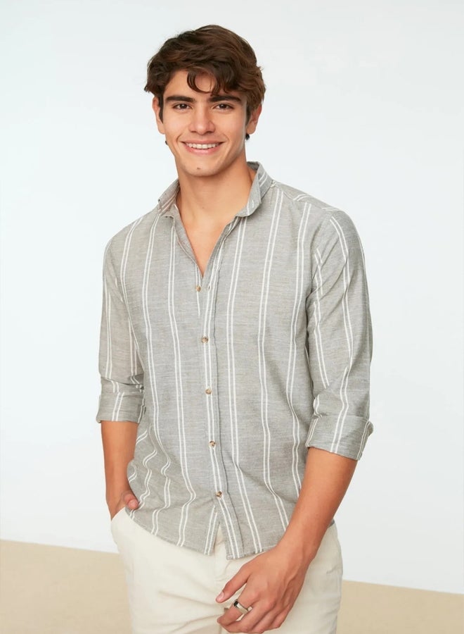 trendyol Khaki Slim Fit Button Collar Slim Striped Shirt - Image 2