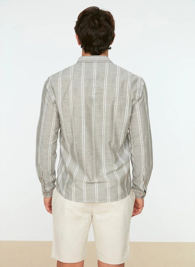 trendyol Khaki Slim Fit Button Collar Slim Striped Shirt - Image 5