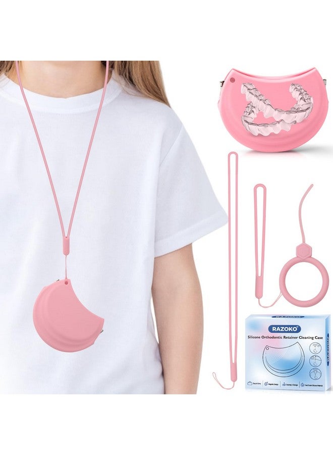 RAZOKO Silicone Retainer Case with 3 Lanyard Aligner Case Vent Holes Night Mouth Guard Case Retainer Holder for Girl Women Kids Men for Travel Pink - Image 1