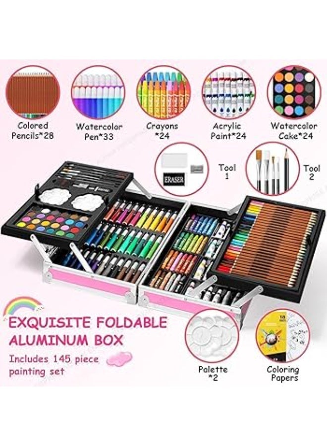 145 PCS Art Supplies Drawing Painting Art Set for Kids Girls Boys Teens, Aluminum Case Coloring Art Kit Drawing Art Supplies Case, Markers Crayon Colour Pencils for Artists Kids - Image 4